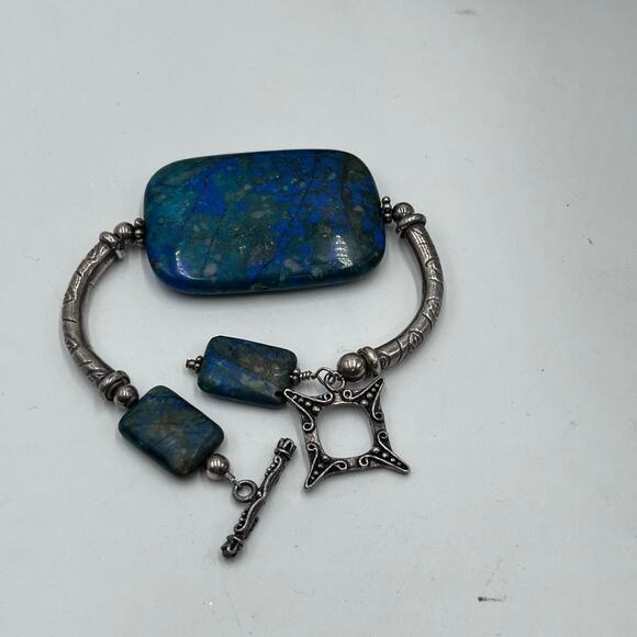 Artisan Made Green Blue Azurite Malachite Sterling Silver Toggle Bracelet 44g - Picture 12 of 12